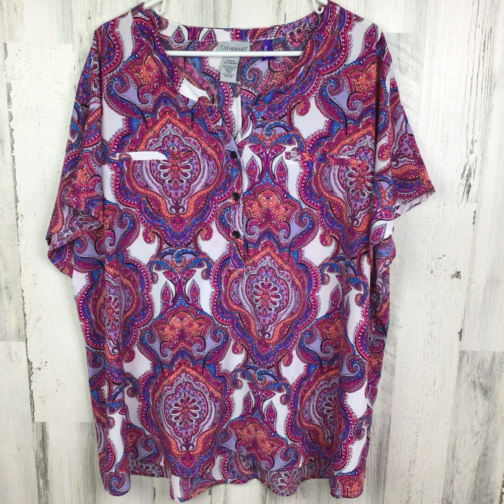 Catherines 2X petite Top Bohemian semi sheer Floral Paisley short sleeve Tunic